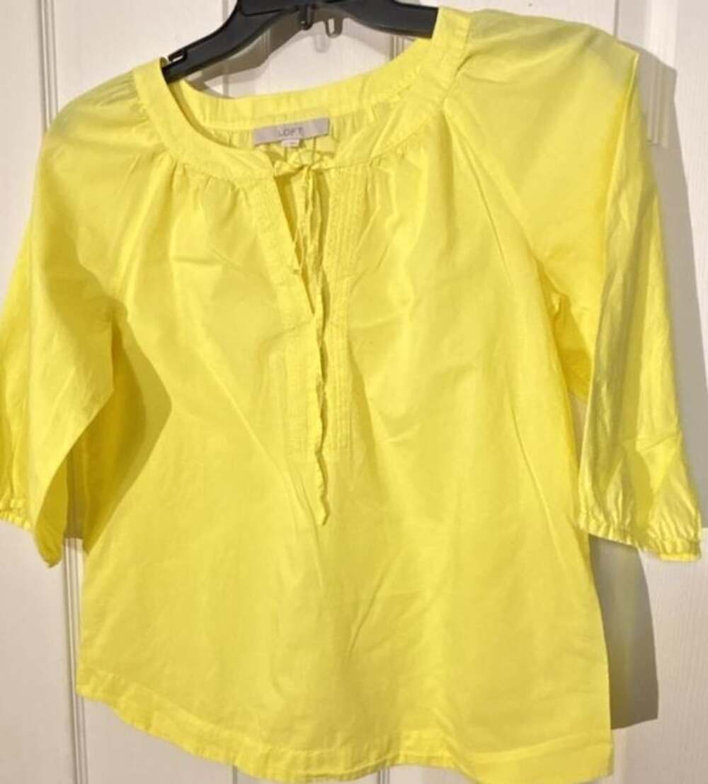 LOFT Yellow Split Neck Eyelet 3/4 Sleeve Blouse Top Size S
